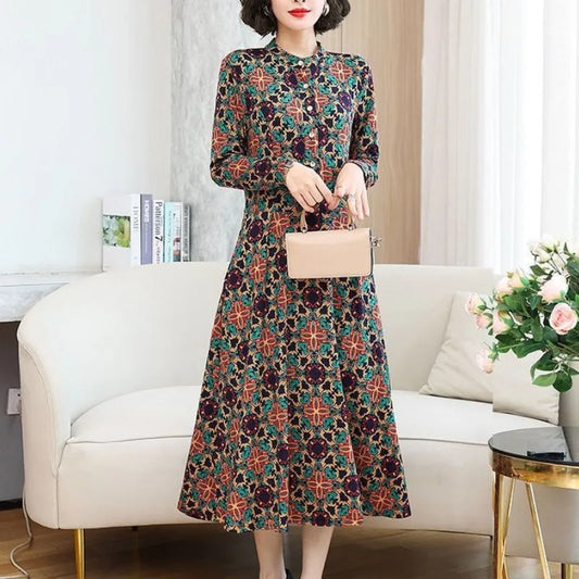 2023 New Spring and Autumn Women's Pullover Round Neck Patchwork Printing Button Waist and Slim Style Bottom Long Sleeved Dress