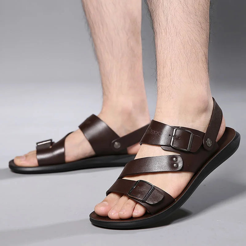 Fashion Comfortable Men's Sandals Solid Color Open Toe Mens Leather Sandals 2023 New Slippers Beach for Male Leather Footwear