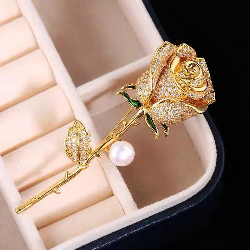 Elegant Gold Color Rose Flower Brooches For Women Girls Rhinestone CZ Luxury Women Accessories