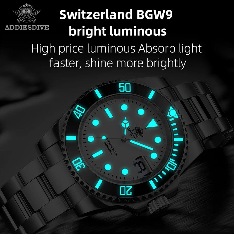 ADDIESDIVE 2023 New Luxury Men Wristwatch Analog watch BGW9 luminous Sports Watch Stainless Steel 300m Waterproof Quartz Watches