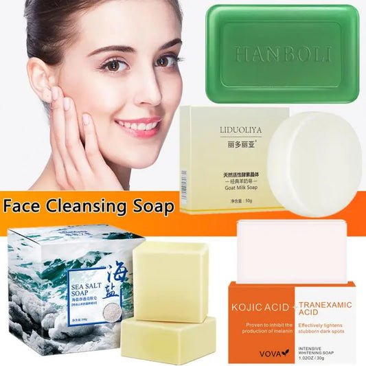 Anti Aging Face Wash Soap Moisturizing Kojic Acid Whitening Sea Salt Cleansing Pores Mite Removing 1pc Soap Shelf Storage Box