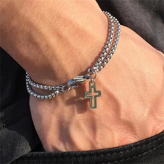 Double Chain Hollow Cross Pendant Stainless Steel Lobster Claw Claw Bracelet Fashion Hip Hop Punk Party Men's Jewelry Gift