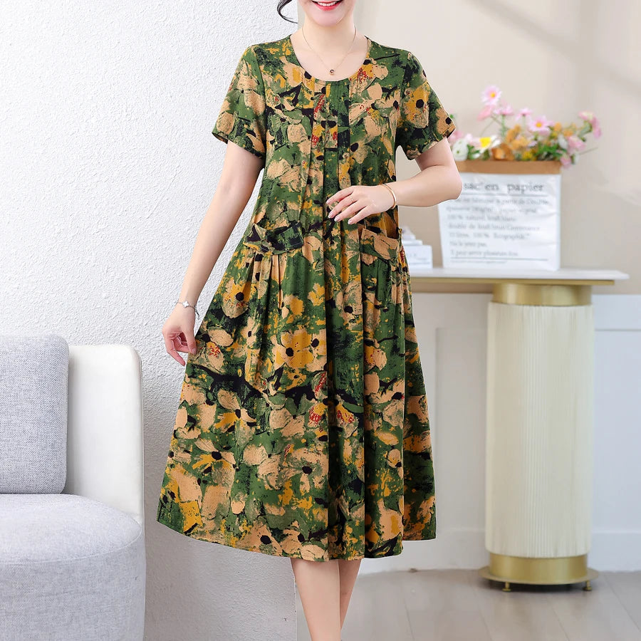 New Casual Fashion Summer Dress For Women 2022 Short Sleeve Mid-Calf Loose Waist O-Neck Robe Femme Plaid Dresses