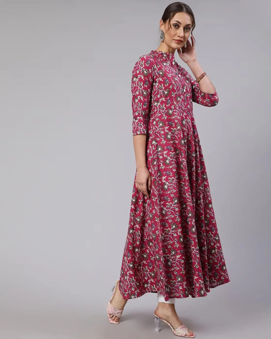 Indian Women Pink Floral A-Line Printed Kurta Kurti Dress Top Tunic Pakistani