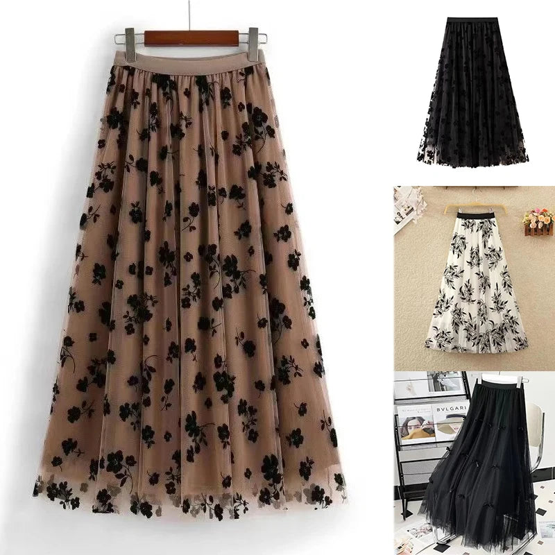 Long Skirt Korean Fashion Harajuku Kawaii Y2k Midi Maxi Tull Skirt Autumn Vintage Elastic High Waist Streetwear Black Skirt