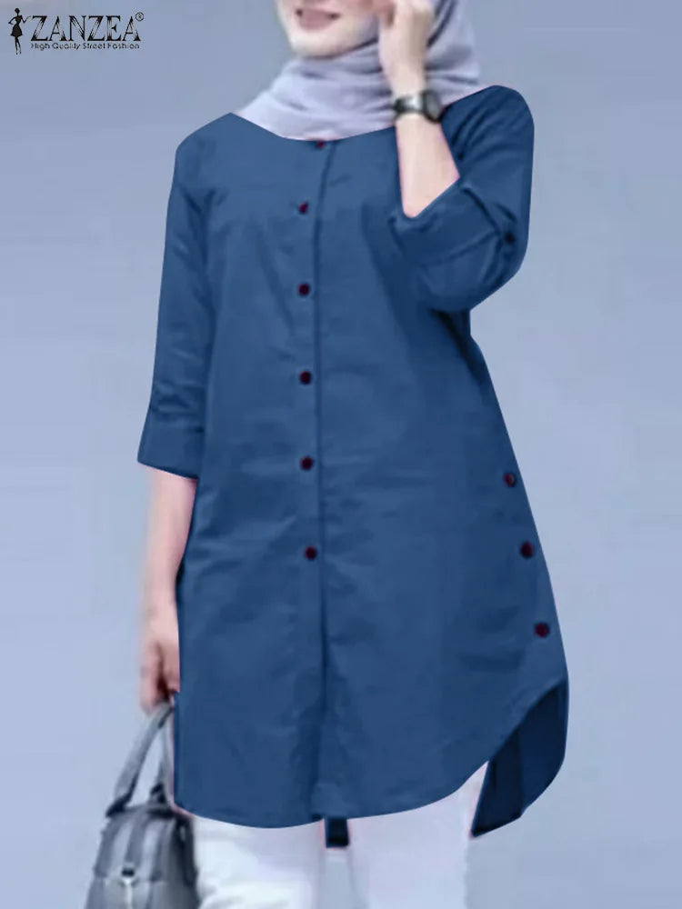 ZANZEA Elegant Abaya Muslim Blouse Woman Long Sleeve O-Neck Tops Casual Holiday Baggy Shirt Fashion Solid Islamic Clothing 2024