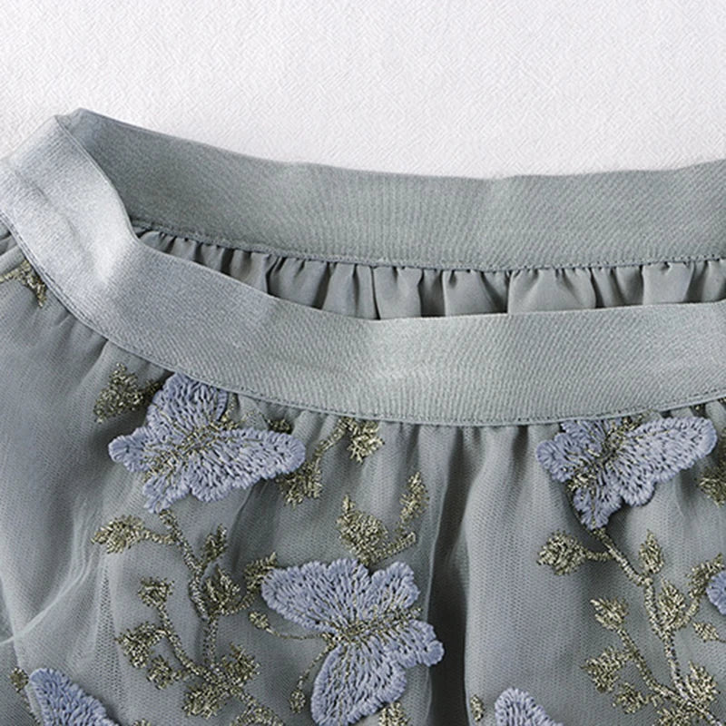 Qooth Women Embroidery Butterfly Tulle Gauze Skirt Elegant Sweet Elastic Waist Midi Floral Mesh Skirt For Spring Summer QT2167