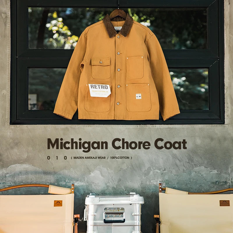 Maden Vintage Heavyweight Michigan Chore Coat Multi-Pocket Lapel Canvas Hunting Jackets Men's 2023 Autumn Amekaji Loose Outwear