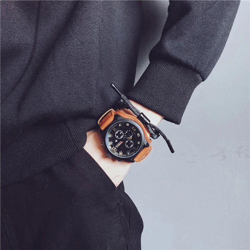 YIKAZE Luxury Business Men Quartz Watch Classic Retro Men's Watches  Big Dial Leather Strap Date Military Wristwatch for Man
