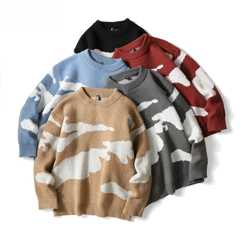 2023 Autumn Men Casual Sweater Cloud Pattern Cute Couple Sweaters Round Neck Long Sleeve Male Knitted Sweater Harajuku Pullover
