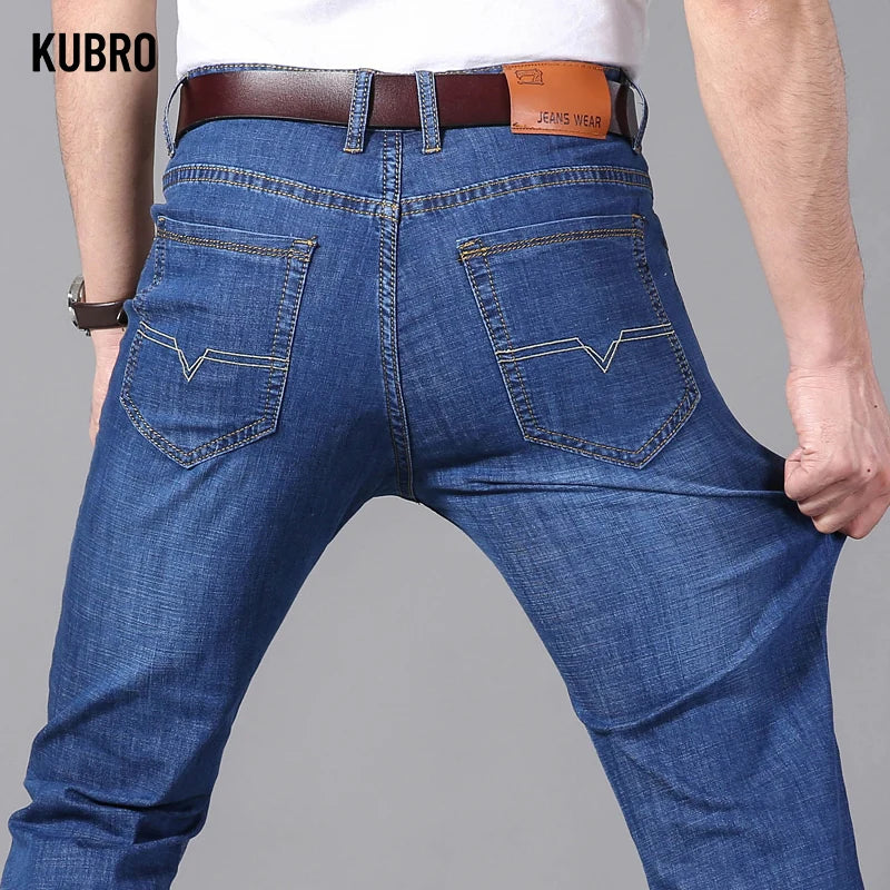 KUBRO Men Business Stretch Men's Jeans Men Korean Fashion Straightleg Versatile Denim Long Loose Pants Trendy Business Trousers