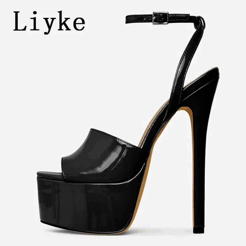 Liyke Summer 16 CM Super High Heels Sandals Women Platform Pumps Fashion Open Toe Buckle Strap Ladies Party Stripper Shoes Black
