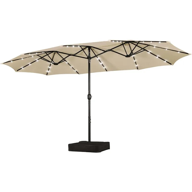 15 ft Large Patio Umbrella with Solar Lights Double-Sided Outdoor Rectangle Market Umbrellas with 36 LED Lights/Base