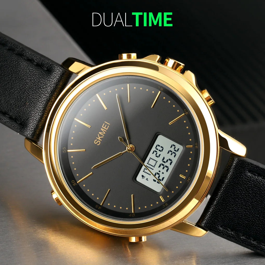 SKMEI 1652  reloj hombre Dual Display Casual Watches Men Chrono Alarm Digital Mens Wristwatch Leather Strap Waterproof Watch