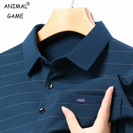 New Korean Mens Long Sleeve Tshirts Fashion Breathable Business Tops Spring Anti-wrinkle Striped Polo Shirt Men