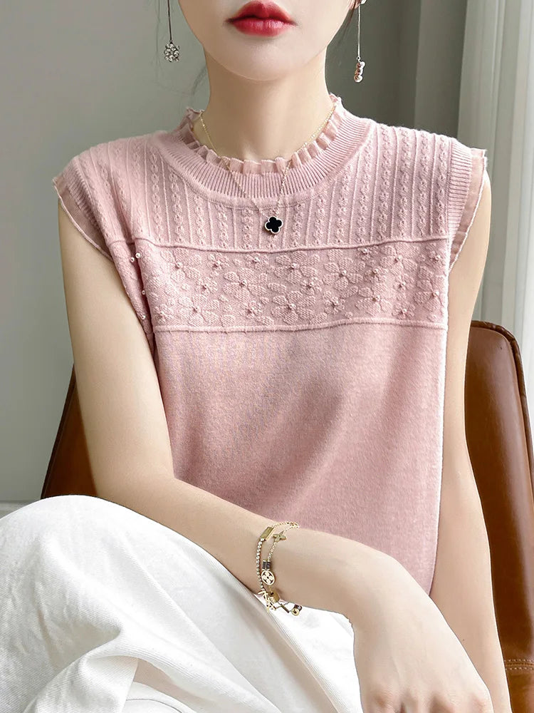 Summer new women's sweater lace wood ear 100% pure merino sweater sleeveless O-neck hollow T-shirt