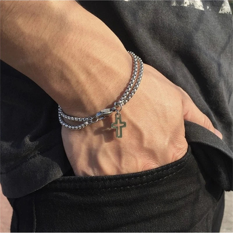 Double Chain Hollow Cross Pendant Stainless Steel Lobster Claw Claw Bracelet Fashion Hip Hop Punk Party Men's Jewelry Gift