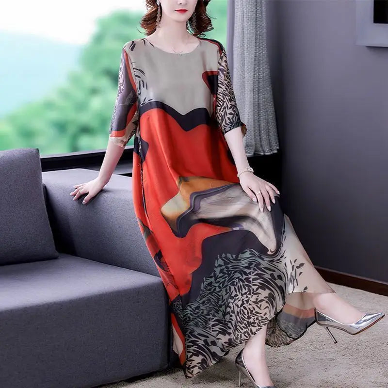 Fashion Round Neck Geometric Printing Half Sleeve Thai Style Summer Loose-fitting Pullover Straight Mid-Calf Dresses Female