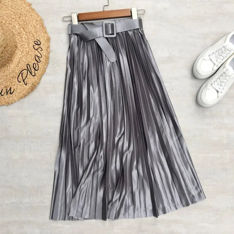 Seoulish 2023 New Solid Elegant Stain Women's Pleated Skirts with Belted High Waist Skirts Mi-long Umbrella Skirt Spring Summer