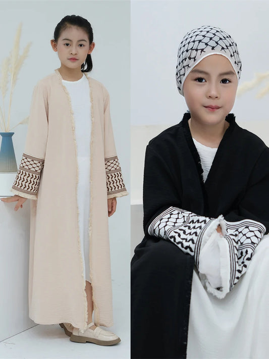 New Open Plain Abayas For Women Kids Dubai White Black Embroidery Modest Kimono Abaya Muslim Kaftan Dress Robe Femme Musulmane
