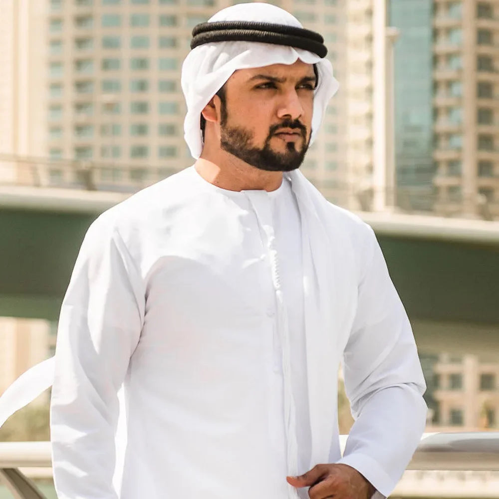 3PC Muslim Men Sets Abaya Robe+turban+Headband O Neck White Islamic Saudi Arab Prayer Ramadan Clothing Dubai Kaftan Dress
