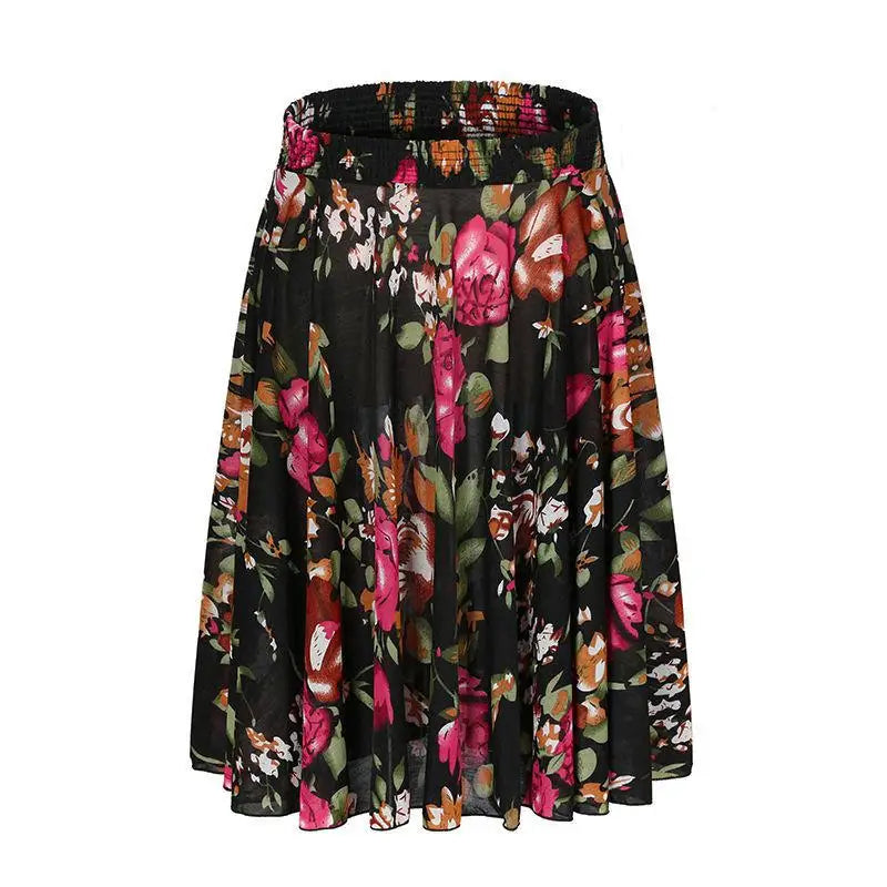 Middle Aged Elderly Women's Skirt High Waist Printed Skirt Summer Mother's Floral Skirt Square Dance Ice Silk Middle Skirt