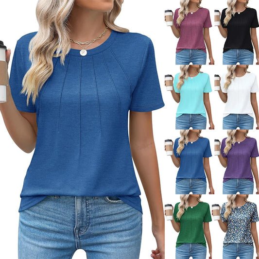 Womens Casual Crew Neck Short Sleeve Pleated Tops Blouses Fashion Clothes 2024