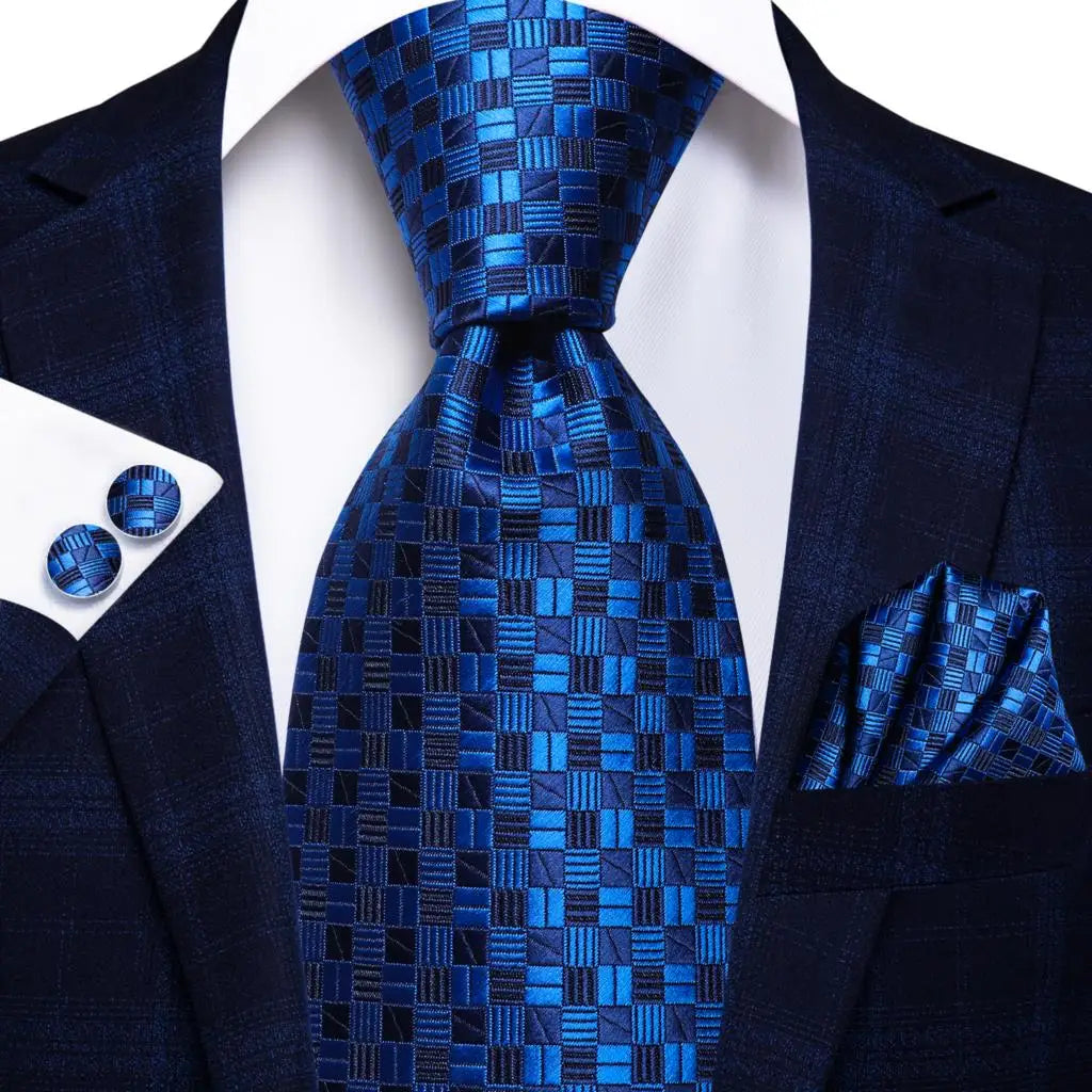 Hi-Tie Navy Blue Solid Paisley Silk Wedding Tie For Men Hanky Cufflink Mens Necktie Set Business Party New Design Dropshipping