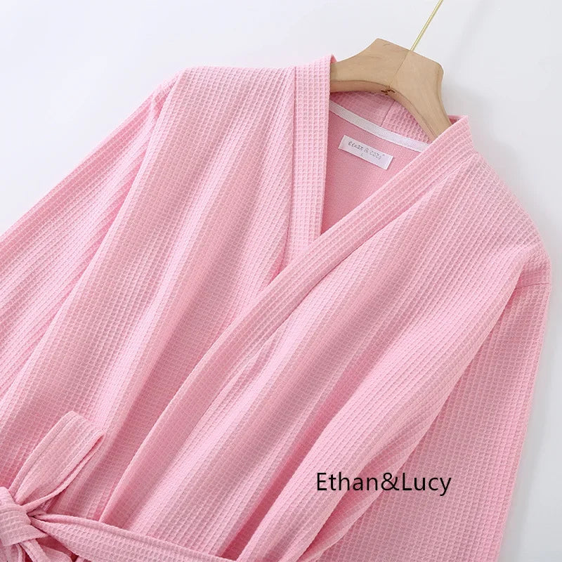100% Cotton Waffle Robes for Women Summer Thin (nine Sleeves + Short Sleeves) Bathrobe Nightgown Home Service Hotel Bathrobe