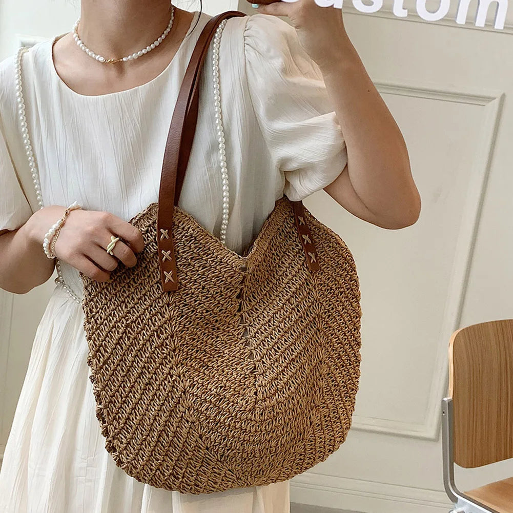 Summer Straw Bags for Women Straw Shoulder Bags Rattan Woven Top Handle Bag Hollow Raffia Crochet Beach Bag Casual Handbags 2023