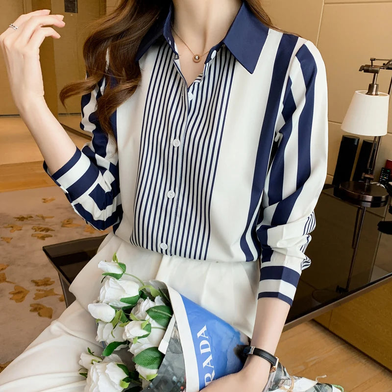 Women's Shirt Blue Striped Blouses for Women Long Sleeve Top Women Button Up Polo Neck Clothes Female 2023 Fashion Leisure Shirt