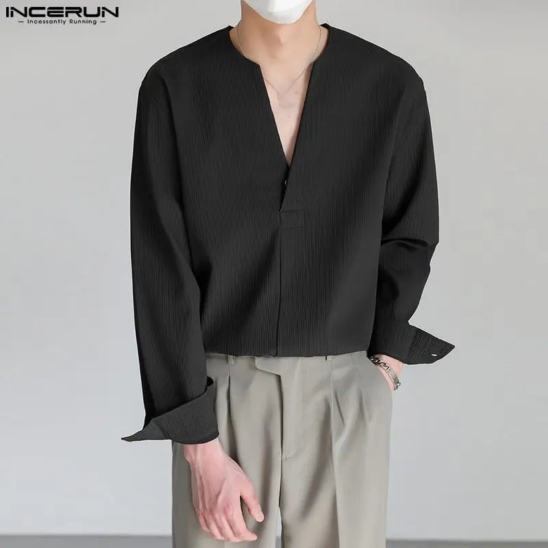 2023 Fashion Men Shirt Solid Color Loose V Neck Long Sleeve Men Clothing Streetwear Korean Style Casual Shirts Men S-5XL INCERUN