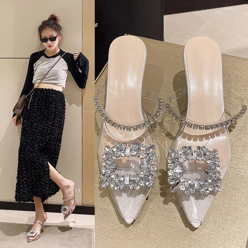 Ladies Shoes on Sale 2023 New Fashion Pointed Toe Crystal Transparent Women's High Heels Summer Casual Pump Women Zapatos Mujer