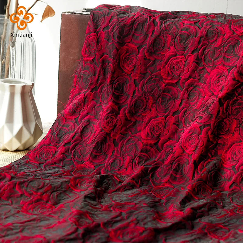 1 Yard Embossed Dark Red 3D Rose Jacquard Fabric Black Yarn-dyed Jacquard Cloth Women's Dress Suit Bag DIY Sewing Fabric TJ7517