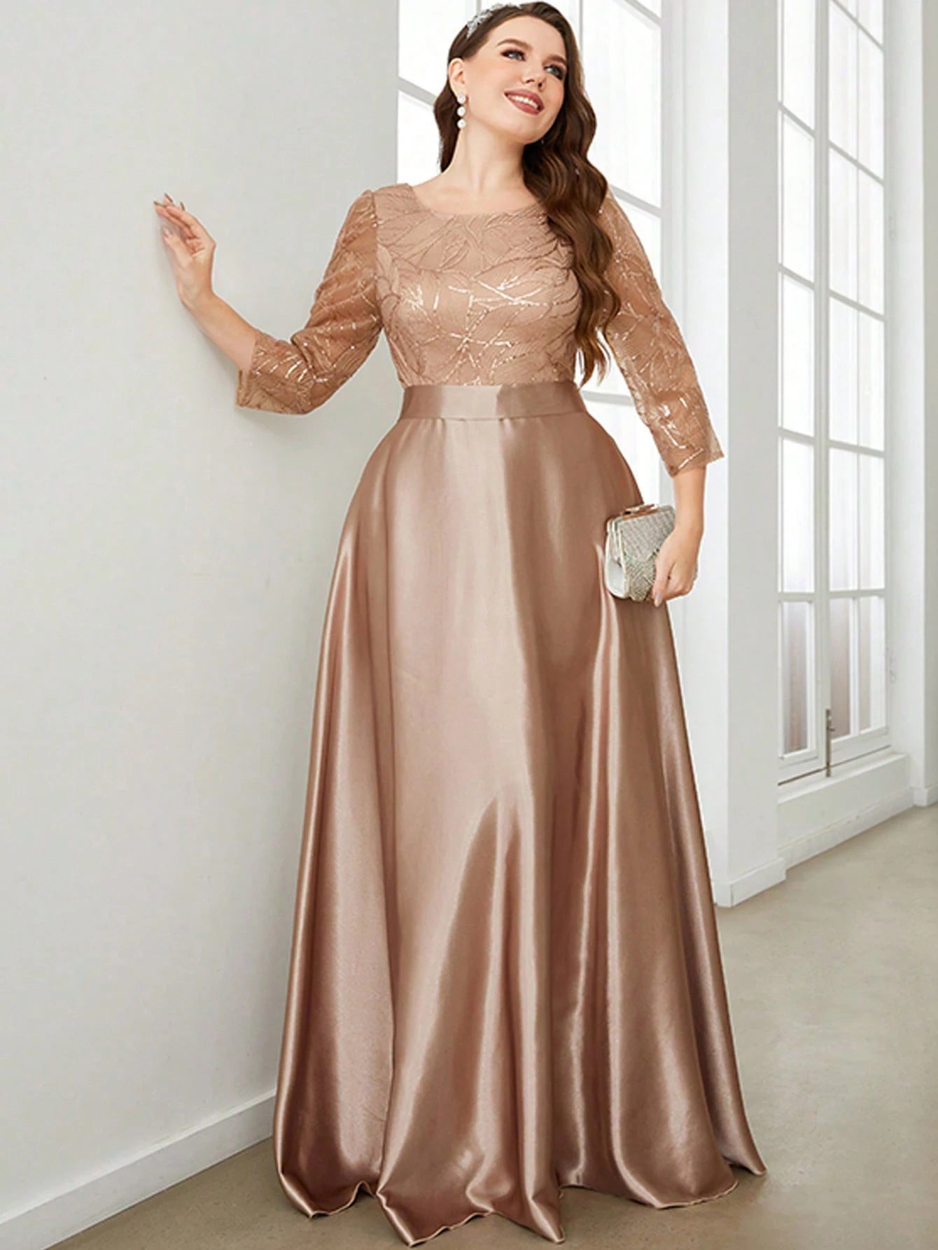 Mgiacy Crew neck long sleeve sequin patchwork satin long gown ball dress Party dress Bridesmaid dress