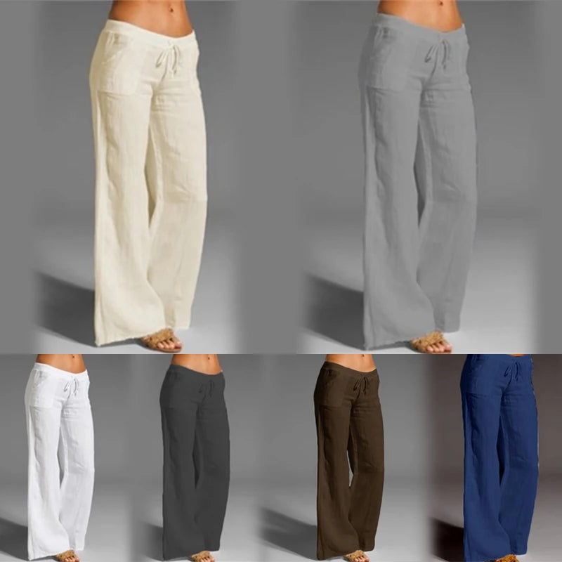 Women Cotton Linen Pants Vintage Wide Leg Pants Palazzo Fashion Long Trousers Loose Solid Elastic Waist Thin Soft Pantalon 5XL