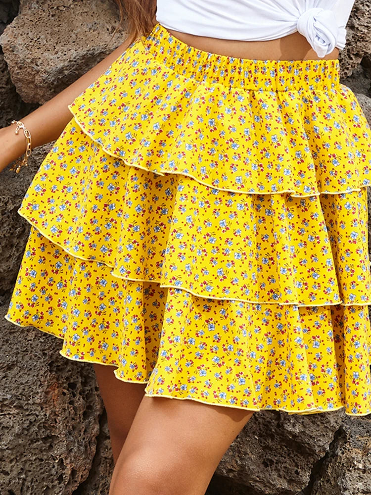 JIM & NORA Women's Printed Skirt Elegant Casual Skirts For Woman Clothing Yellow Floral Print Faldas Para Mujeres Beach Summer