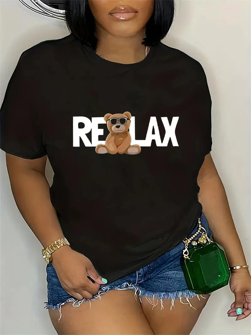 Relaxing Bear Letter Printed T-shirt Cute and Fashionable Summer Women's T-shirt Women's Round Neck Top 2024 New