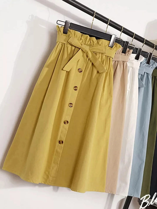 Summer Autumn Skirts Womens Midi Knee Length Korean Elegant Button High Waist Skirt Female Pleated School Skirt