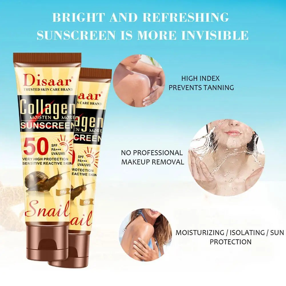 50g Collagen Snail Sunscreen Cream Protector Facial Solar Sun Block Spf 50 Gel Isolation Lotion Bleaching Facial Moisturizer Sun