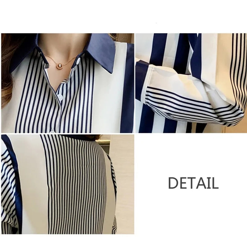 Women's Shirt Blue Striped Blouses for Women Long Sleeve Top Women Button Up Polo Neck Clothes Female 2023 Fashion Leisure Shirt
