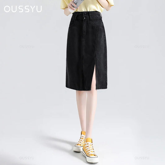 Summer Lyocell Women Jeans Skirt  High Waist Casual Hip-covering Denim Slit Skirt A-Line Skirt  Fashion Straight Skirt Female