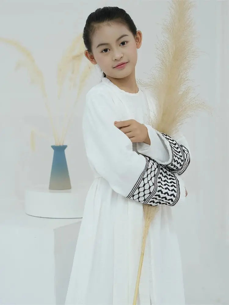 New Open Plain Abayas For Women Kids Dubai White Black Embroidery Modest Kimono Abaya Muslim Kaftan Dress Robe Femme Musulmane