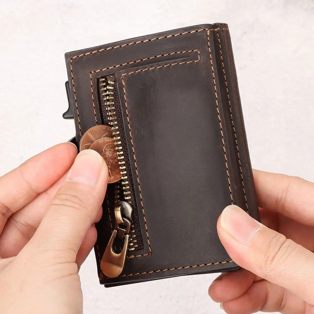 HUMERPAUL Smart Pop Up Card Wallet for Men RFID Genuine Leather Card Case Slim Women Zip Coin Purse with Notes Compartment