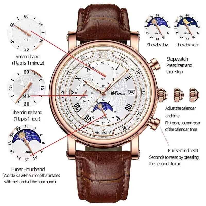 Chenxi 976 Leather Chronograph Date Men's Phase Of The Moon Timing Business Luminous Quartz Watch Relojes para hombres