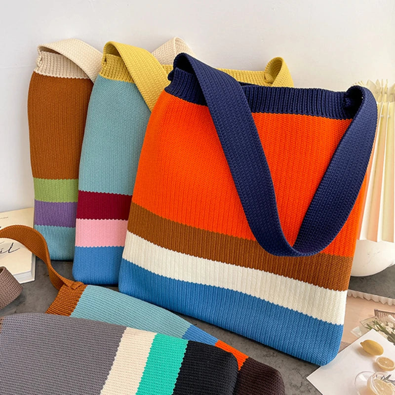 Women's Knitted Striped Shoulder Bag Female Woven Crossbody Handbag Eco Large Capacity Shopper Bag Retro Rainbow Storage Bag