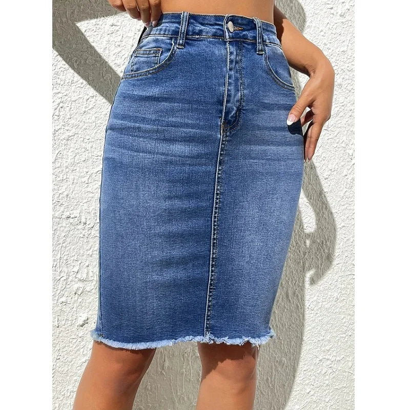 ﻿ ﻿ Women High Waist Denim Skirts Ladies Stretch Jeans Knee Length Casual Bodycon Skirt