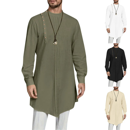 2024 Men Muslim Abaya Stand Collar Long Sleeve Islam Arab Kaftan Solid Color Thobe Casual Long Shirts Men Summer Muslim abaya