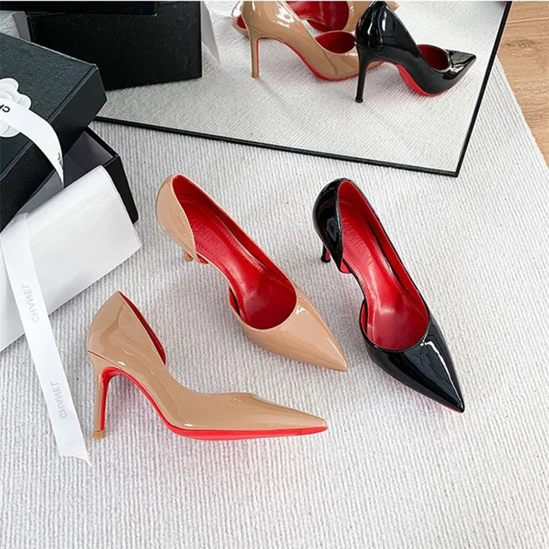 2024 High-Heeled Shoes French Sexy Fashion French Leather Plus Size 33-42 black Side Empty pointed Stiletto Shoes Women.