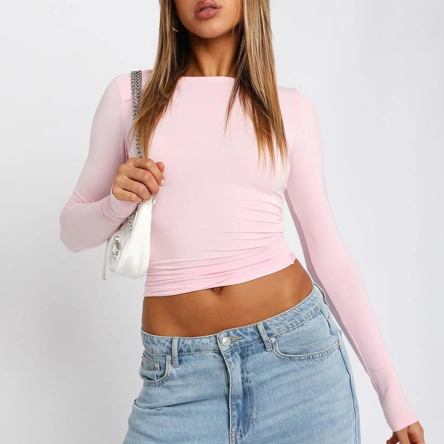 Pink Long Sleeve T-shirt Women 2024 Summer Cute White Crop Top Ladies Causal Sexy Slim O Neck Basic Tees Tshirt Y2k Top Clothes